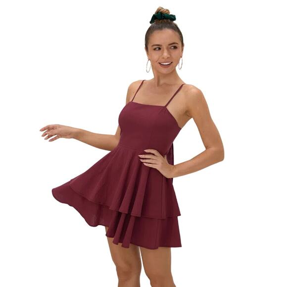 HALARA Adjustable Strap Tie Back Tiered Ruffle Flowy Mini Dress Red Medium NEW - Picture 3 of 8